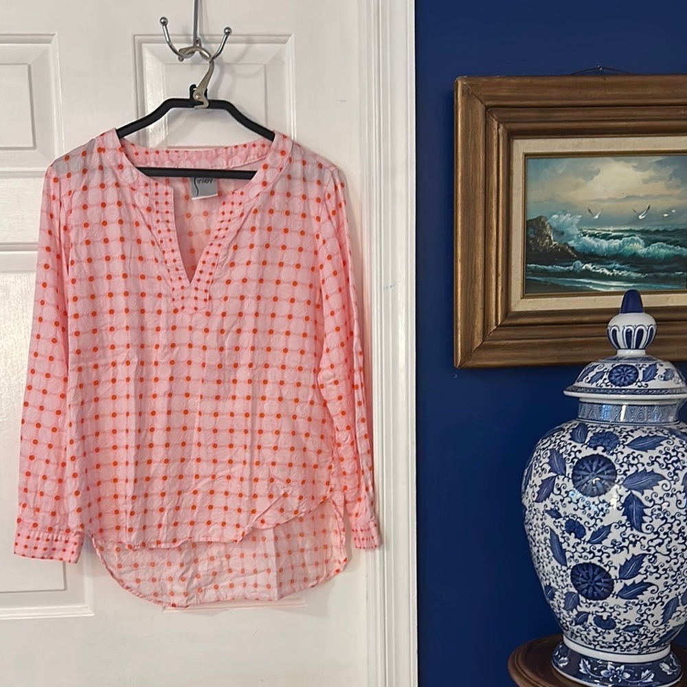 Women’s Finley Pink & White Cotton V Neck Pullover Blouse Size Medium